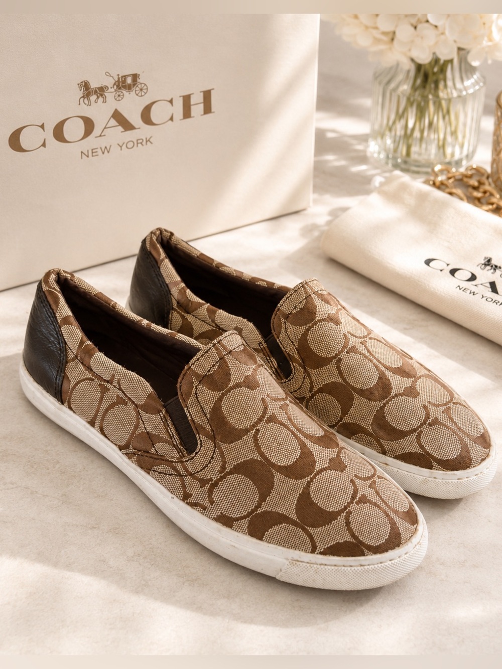 Coach Alegra Signature Jacquard Slip On Sneakers Brown Tan A1686 Womens 8B